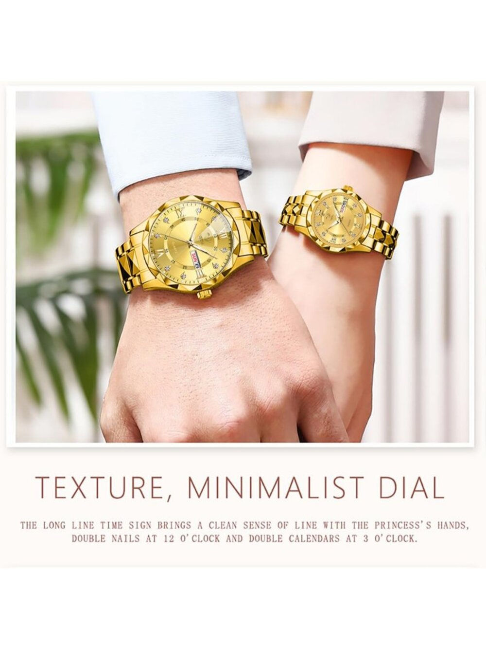 Men Women's Gold band and Gold dial Couple Watches Set Luxury Diamond for Lovers - Picture 5 of 7